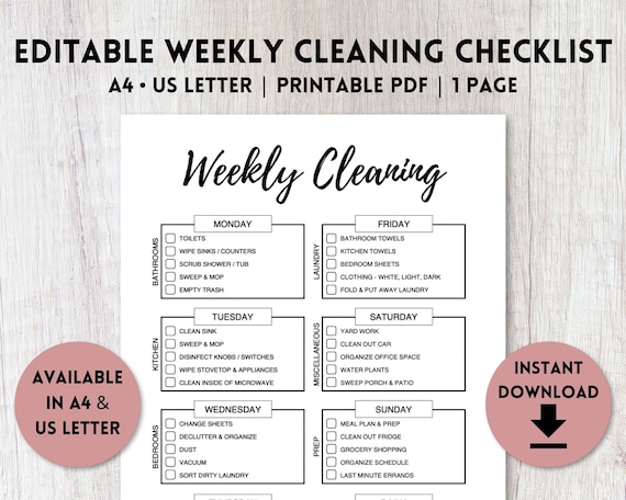Editable Weekly Cleaning Checklist Printable Cleaning | Etsy