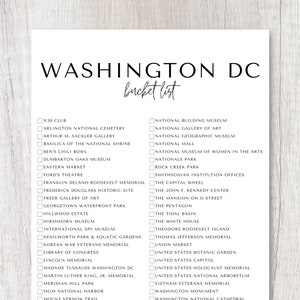 Lista de deseos de Washington DC imprimible / Lista de deseos de viaje / Lista de verificación del planificador de viajes / A4, carta de EE. UU.