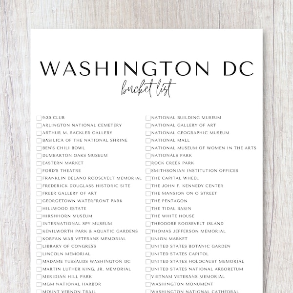 Washington DC Bucket List Printable | Travel Bucket List | Travel Planner Checklist | A4, US Letter