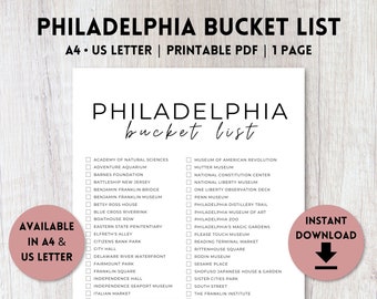 Utskrivbar bucketlist för Philadelphia, Pennsylvania | Rese-bucketlist | Checklista för reseplanerare | A4, US Letter