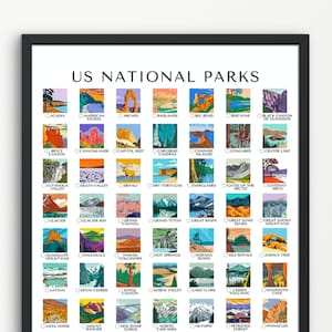 US National Parks Checklist Printable | 63 National Parks Poster | Retro Travel Poster | A4, US Letter