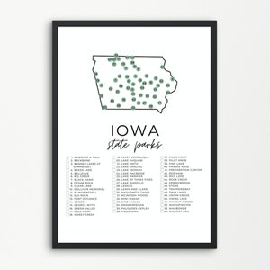 Carte du parc d'état de l'Iowa imprimable | Liste de contrôle du parc d'État | Cochez les parcs d'État | Imprimables de parc d'état | A4, Lettre US