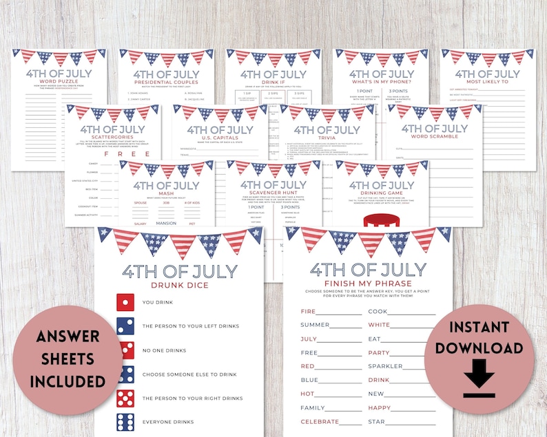 4th of July Adult Games Bundle Printable Independence Day Games