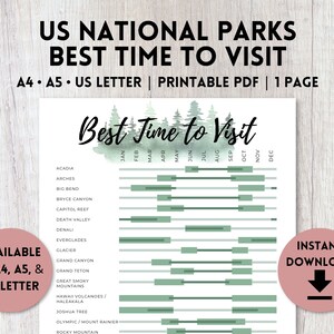 US National Parks Best Time to Visit Printable PDF | Most Popular