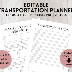 Planificador de transporte editable imprimible / Alquiler de automóviles / Plantilla de itinerario de viaje / Guía de alquiler de vehículos recreativos / Planificador de viajes / A4, Carta de EE. UU.