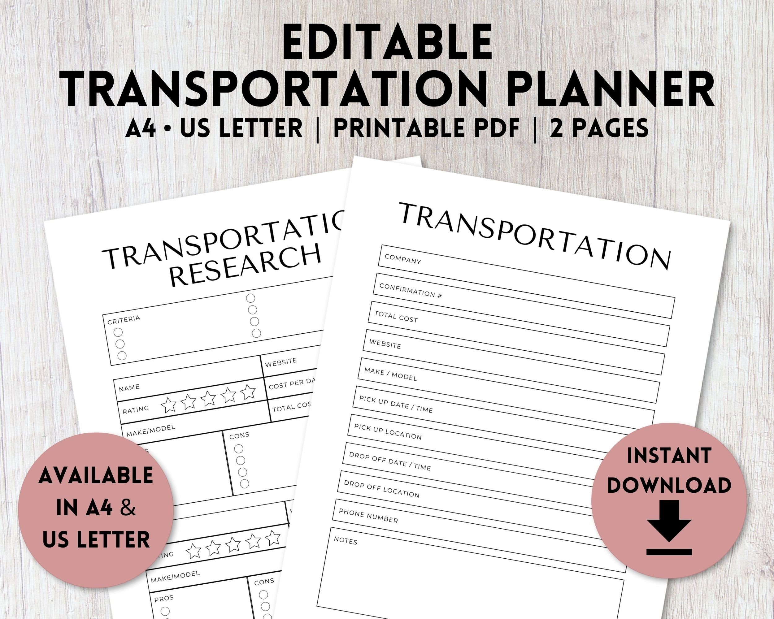 Editable Transportation Planner Printable Car Rental Travel Itinerary