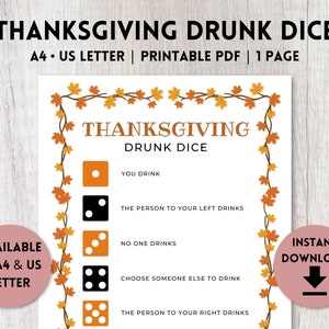 Thanksgiving Drunk Dice Printable | Friendsgiving Game for Adults | Fall Party Games | A4, US Letter