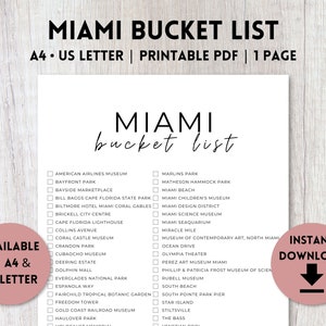 Elenco dei desideri di Miami, Florida stampabile/Elenco dei desideri di viaggio/Lista di controllo del pianificatore di viaggio/A4, Lettera USA