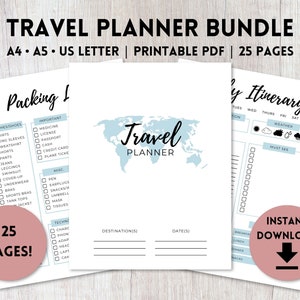 Pacote de planejador de viagem para impressão | Planejador de itinerário de viagem de férias | Organizador de viagens | A4, A5, Carta dos EUA
