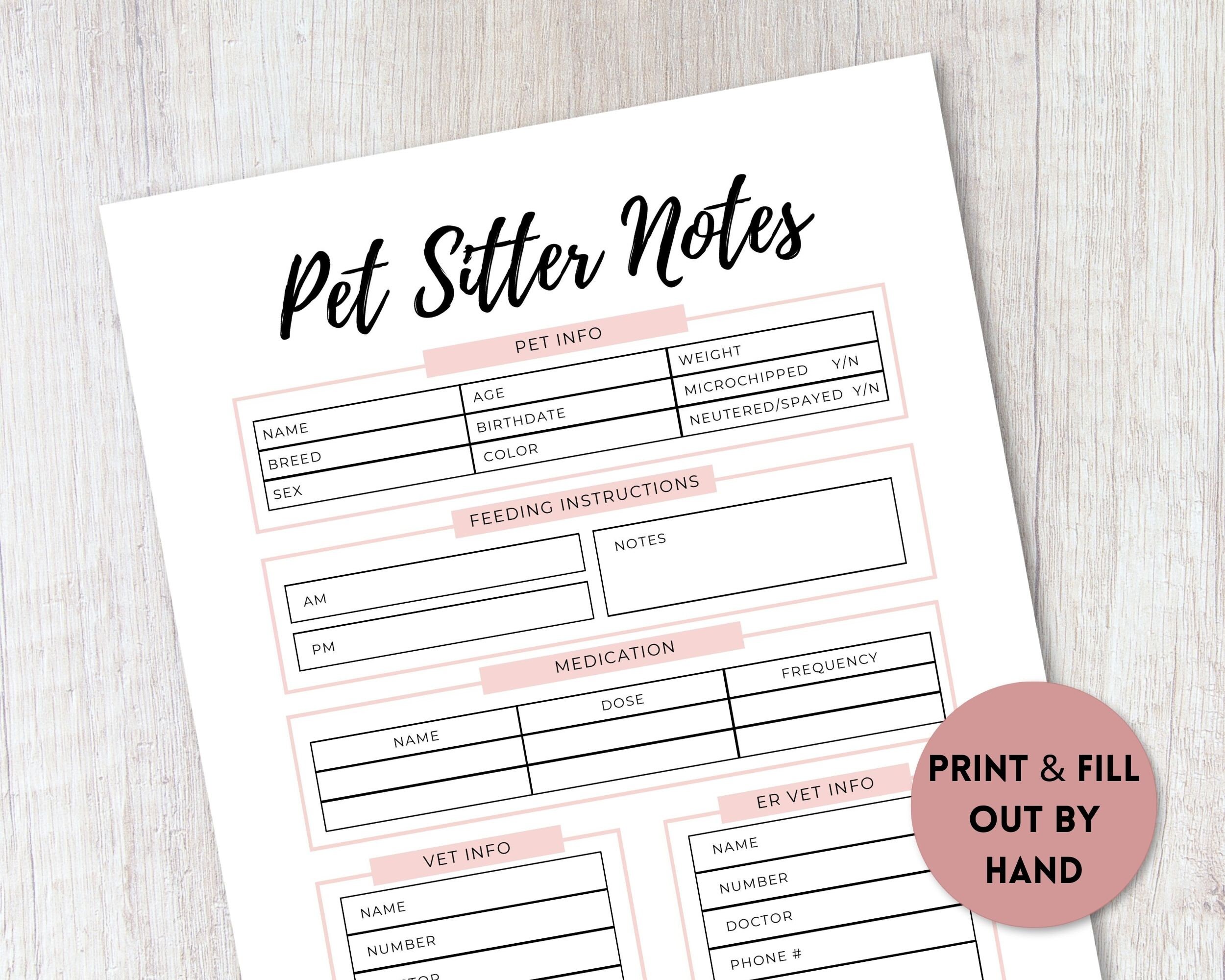 Pet Sitter Notes Printable PDF Travel Planner Household | Etsy