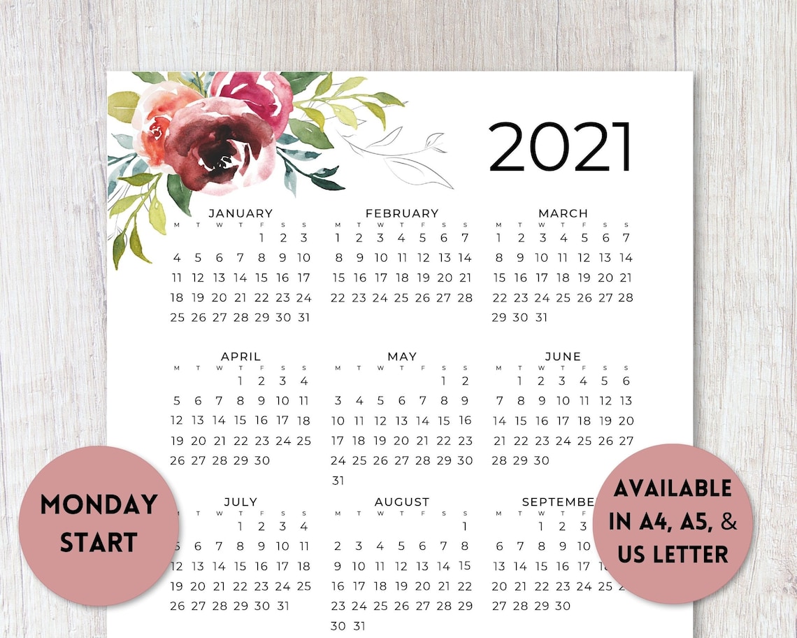 2021 2022 Monday Start Printable Calendar Watercolor