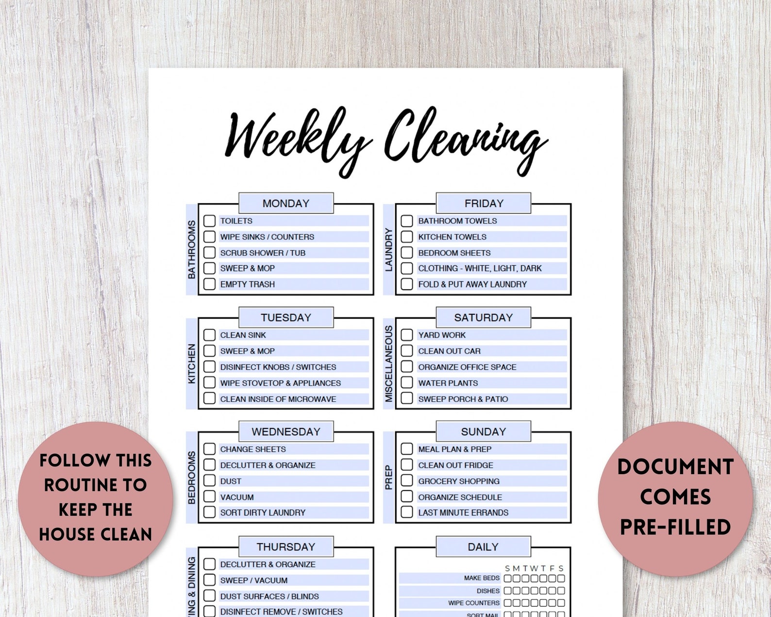 Editable Weekly Cleaning Checklist Printable | Cleaning Schedule ...