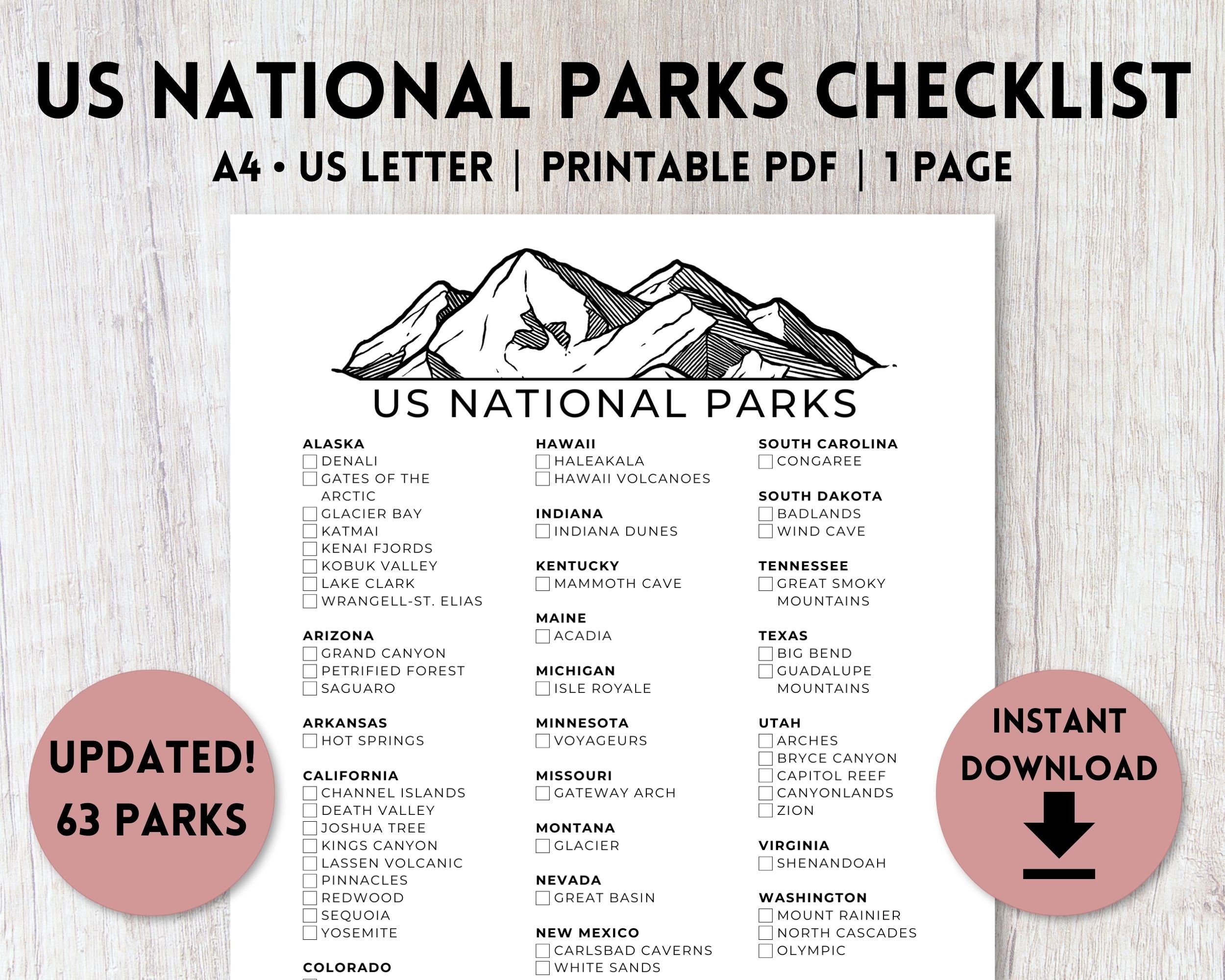 US National Parks Checklist Printable Updated 2021 National Etsy