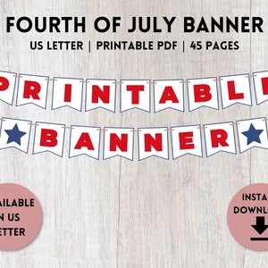 4th of July Banner Printable | Independence Day Party Decorations | Red White & Blue Banner | US Letter