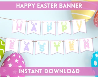 Happy Easter Banner Printable | Hoppy Easter Sign | Easter Party Decorations | Easter Bunting Banner | Easter Garland | US Letter