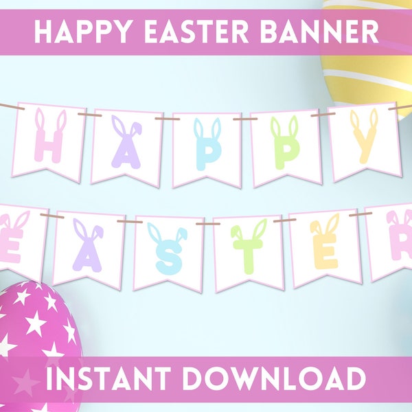 Happy Easter Banner Printable | Hoppy Easter Sign | Easter Party Decorations | Easter Bunting Banner | Easter Garland | US Letter