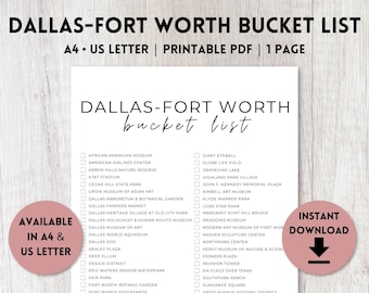 May include: A printable bucket list of things to do in Dallas and Fort Worth, Texas. The list includes museums, parks, and other attractions. The list is available in A4 and US Letter sizes.