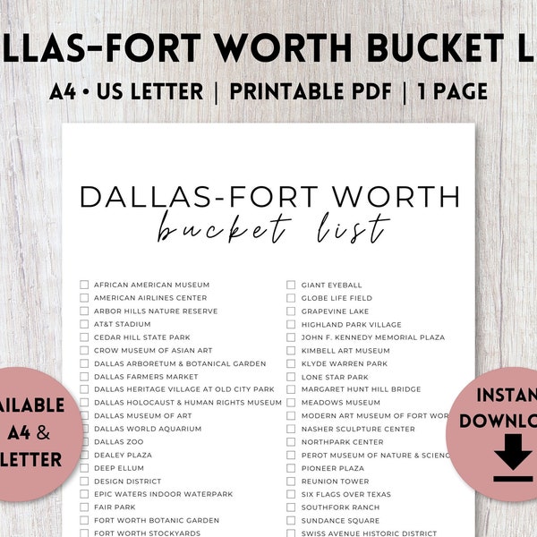 Dallas-Fort Worth, Texas Bucket List Printable | Travel Bucket List | Travel Planner Checklist | A4, US Letter