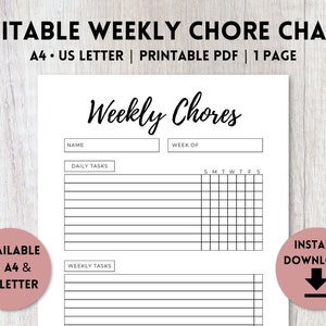Editable Chore Chart for Kids Printable | Weekly Chore List | Responsibility Chart | A4, US Letter