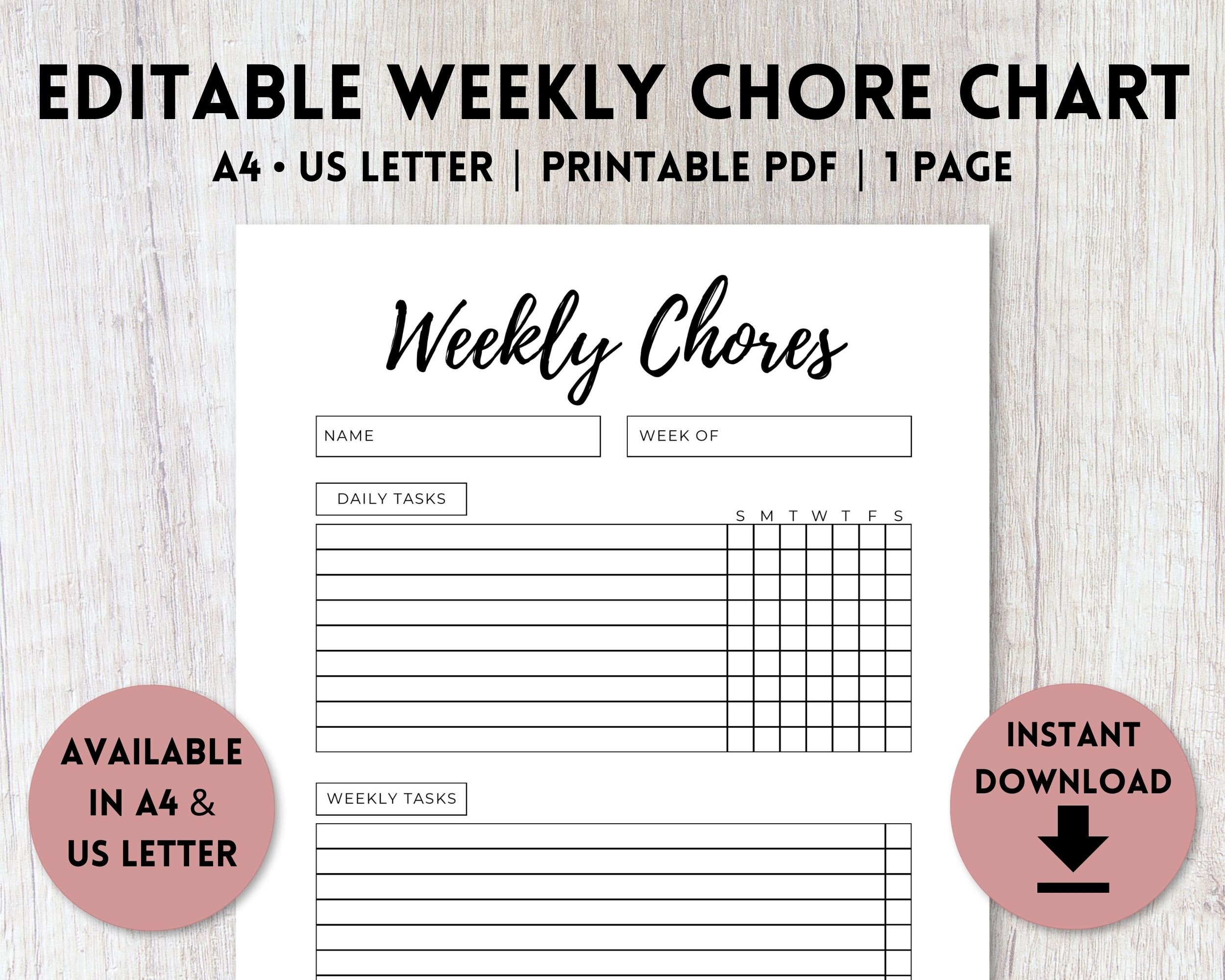 Editable Chore Chart for Kids Printable | Weekly Chore List | Responsibility Chart | A4, US Letter