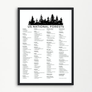 Lista di controllo delle foreste nazionali degli Stati Uniti stampabile / Segno della foresta nazionale / Poster in bianco e nero / A4, Lettera USA