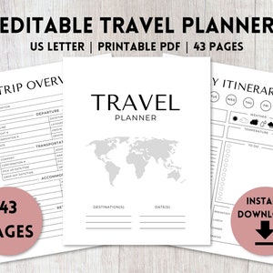 Planificador de viajes editable imprimible / Plantilla de itinerario de vacaciones / Organización de viajes / Plantilla de presupuesto de viaje / Carta de EE. UU.