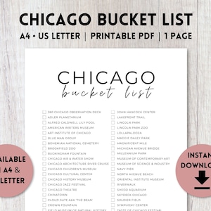 Lista de baldes de Chicago, Illinois para impressão | Lista de viagens | Lista de verificação do planejador de viagens | A4, Carta dos EUA