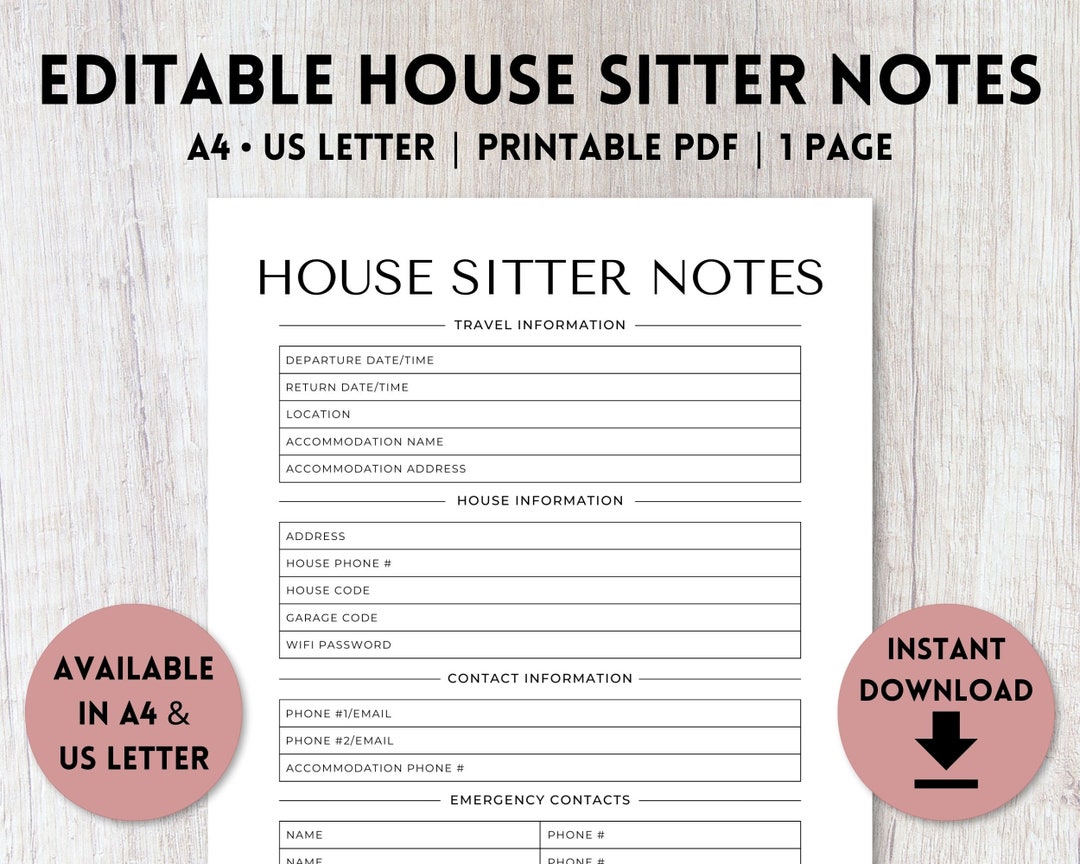 Editable House Sitter Notes Printable House Sitter Information House Editable House Sitter Notes Printable House Sitter Information House