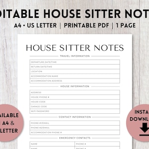 Editable House Sitter Notes Printable | House Sitter Information | House Sitter Form | House Sitter Instructions | A4, US Letter