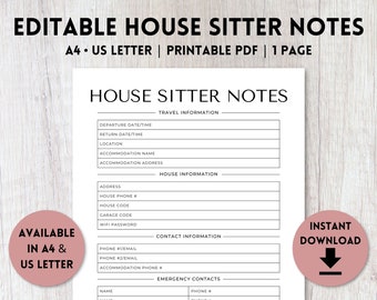 Editable House Sitter Notes Printable | House Sitter Information | House Sitter Form | House Sitter Instructions | A4, US Letter