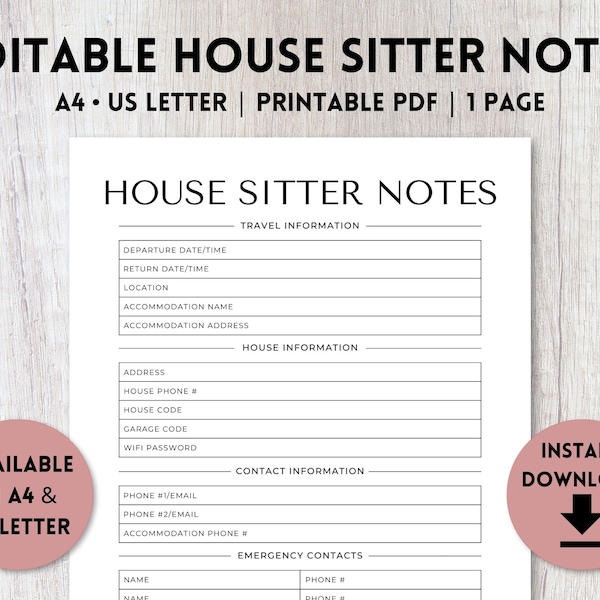 Editable House Sitter Notes Printable | House Sitter Information | House Sitter Form | House Sitter Instructions | A4, US Letter