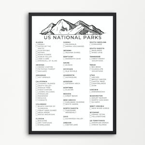 US National Parks Checklist Printable | 63 National Parks Poster | Black and White Poster | A4, US Letter