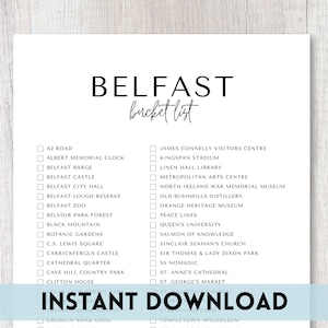 Lista de itens de Belfast, Irlanda do Norte para impressão | Lista de viagens | Lista de verificação do planejador de viagens | A4, Carta dos EUA