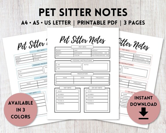 Pet Sitter Notes Printable PDF Travel Planner Household | Etsy