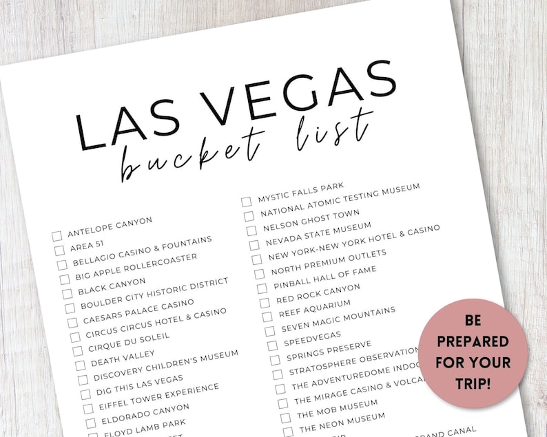 Las Vegas Nevada Bucket List Printable Travel Bucket List Etsy