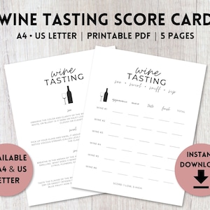 Wine Tasting Score Card Printable | Wine Tasting Party Kit | Wine Tasting Placemat Up To 6 Wines | A4, US Letter