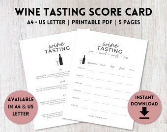 Wine Tasting Score Card Printable | Wine Tasting Party Kit | Wine Tasting Placemat Up To 6 Wines | A4, US Letter