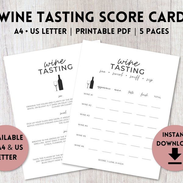 Wine Tasting Score Card Printable | Wine Tasting Party Kit | Wine Tasting Placemat Up To 6 Wines | A4, US Letter