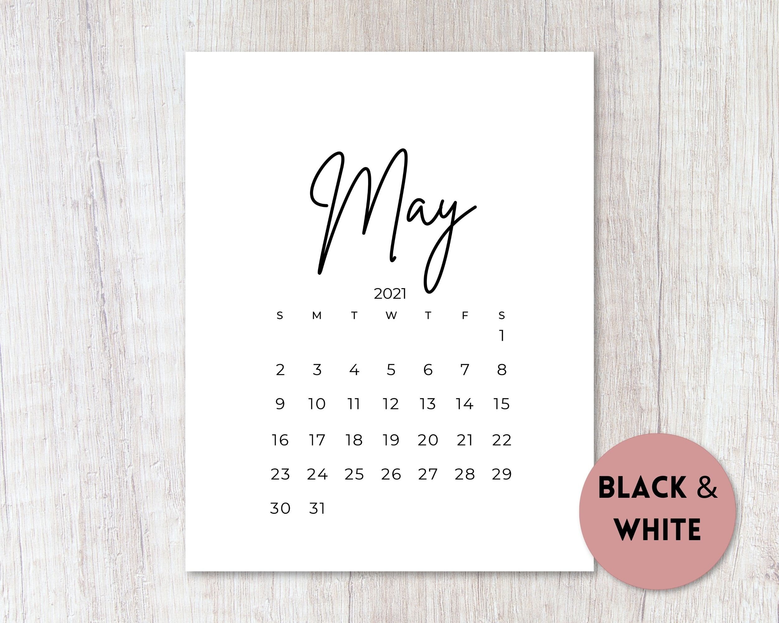 2021-2022 Sunday Start Printable Calendar Black and White | Etsy