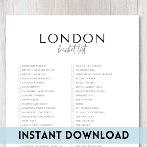 Lista de baldes de Londres, Inglaterra para impressão | Lista de viagens | Lista de verificação do planejador de viagens | A4, Carta dos EUA
