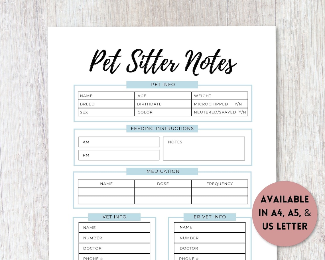 Pet Sitter Notes Printable PDF Travel Planner Household | Etsy