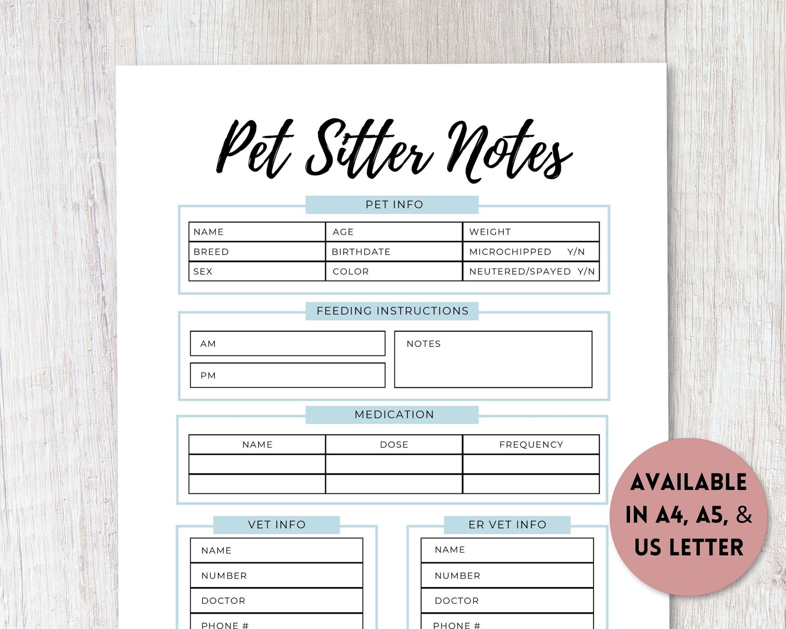 Pet Sitter Notes Printable PDF Travel Planner Household | Etsy
