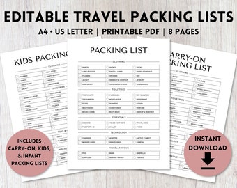 Editable Packing List Bundle Printable | Travel Packing List Template | Carry On Packing List  | Vacation Packing Checklist | A4, US Letter