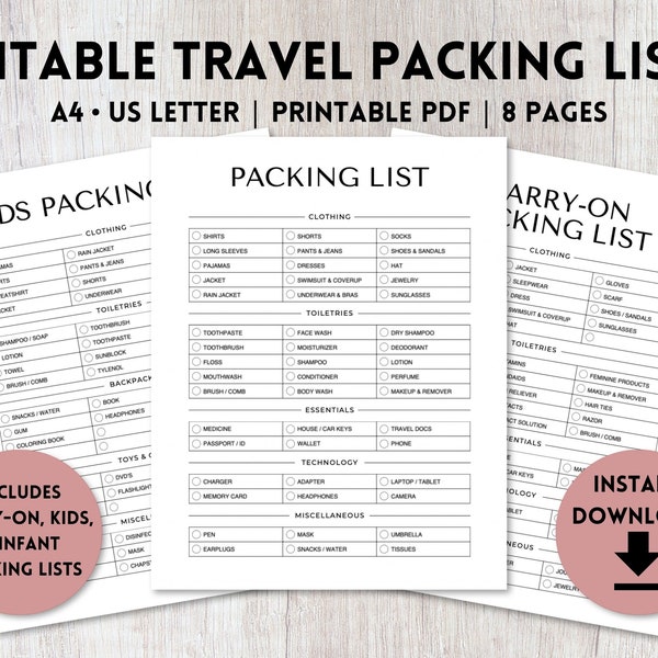 Editable Packing List Bundle Printable | Travel Packing List Template | Carry On Packing List  | Vacation Packing Checklist | A4, US Letter