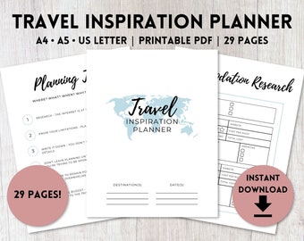 May include: A printable travel planner with a blue world map graphic and the text "Travel Inspiration Planner" on the cover. The planner includes sections for planning, destination research, and budgeting. The text "29 Pages!" is in a pink circle on the bottom left corner of the page.