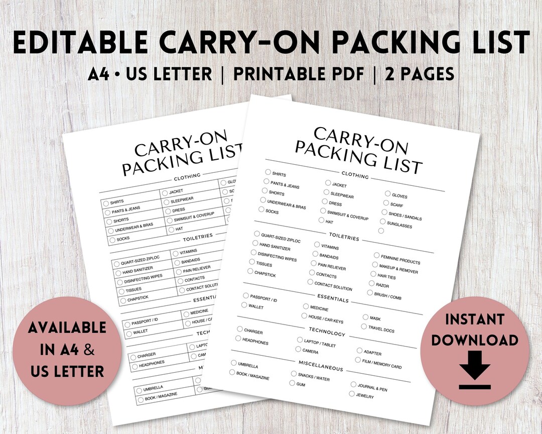 Editable Carry on Packing List Printable | Editable Packing List ...