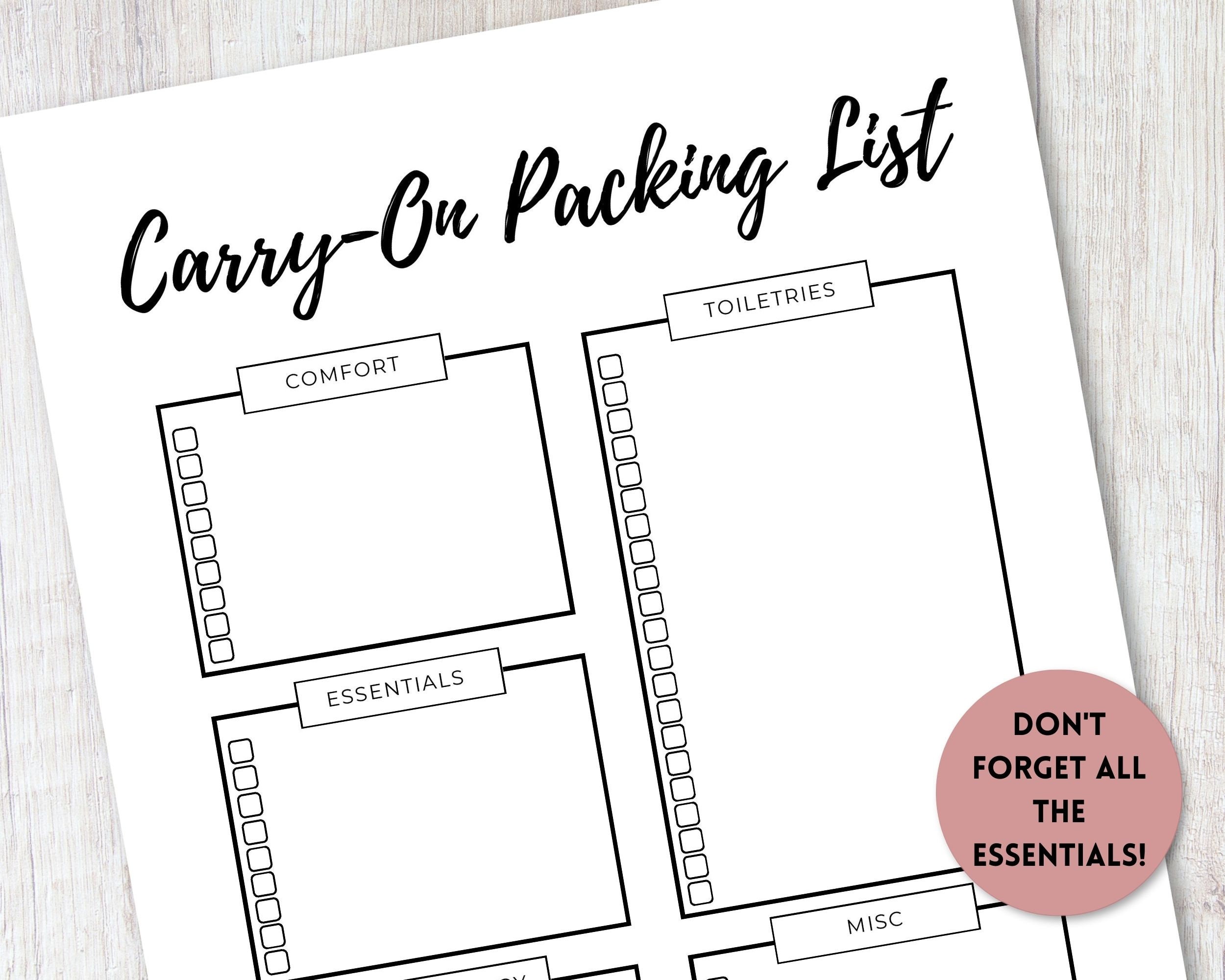 CarryOn Packing List Printable Printable Travel Checklist Etsy Polska