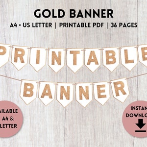 Banner dorado imprimible / Decoraciones de banner con letras / Plantilla de banner para fiesta / A4, tamaño carta de EE. UU.