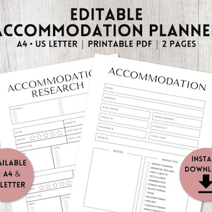 Editable Accommodation Planner Printable | Accommodation Template | Hotel Planner | Travel Itinerary | A4, US Letter