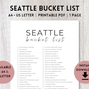 Seattle, Washington Bucket List Printable | Travel Bucket List | Travel Planner Checklist | A4, US Letter